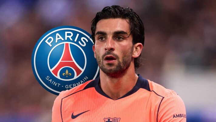 Barcelona star Ferran Torres with a PSG badge
