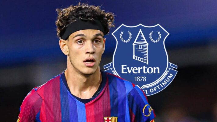 Barcelona star Hector Fort and an Everton badge