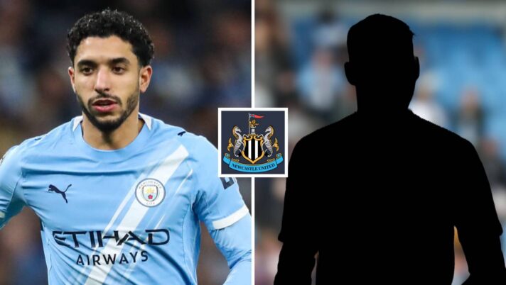 Man City forward Omar Marmoush, Newcastle badge, silhouette player