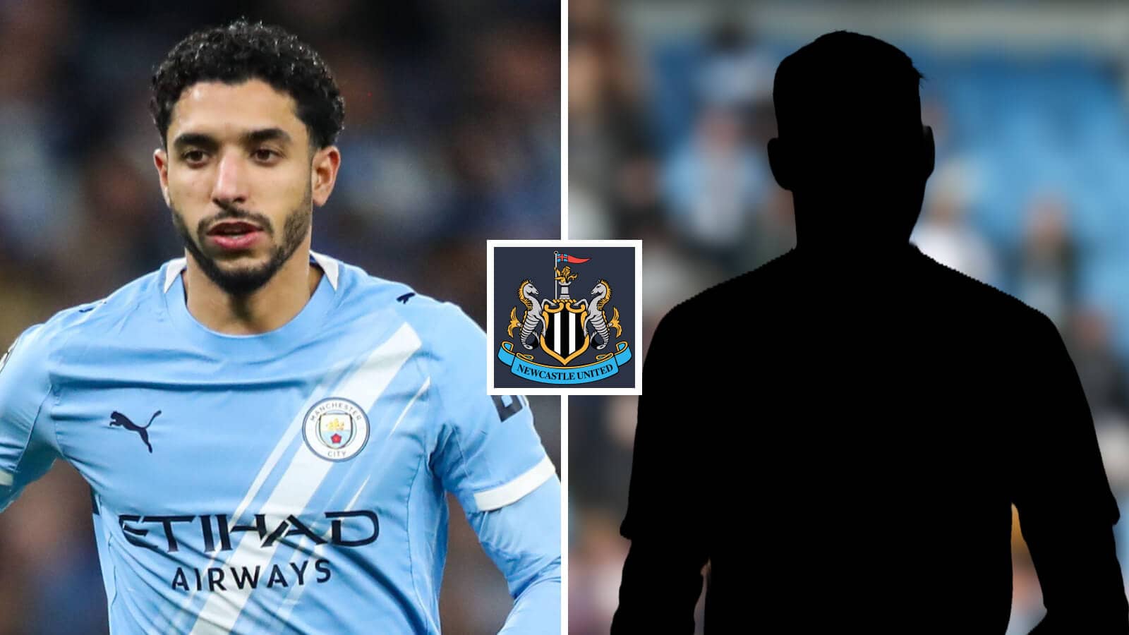 Man City forward Omar Marmoush, Newcastle badge, silhouette player