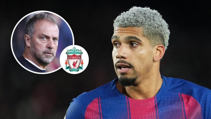 Hansi Flick (inset) and a Liverpool badge, alongside Ronald Araujo of Barcelona