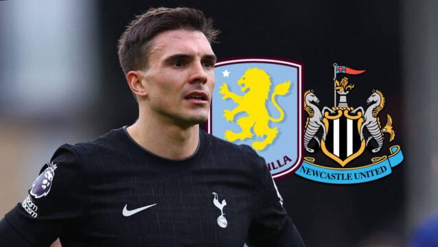 Joao Palhinha with Aston Villa and Newcastle badges