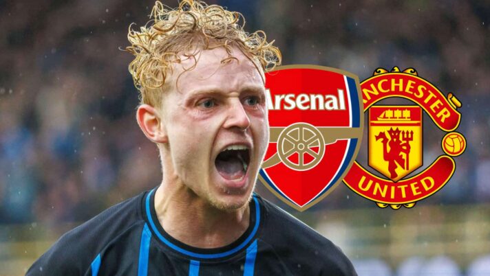 Joaquin Seys of Club Brugge, next to Arsenal and Man Utd badges