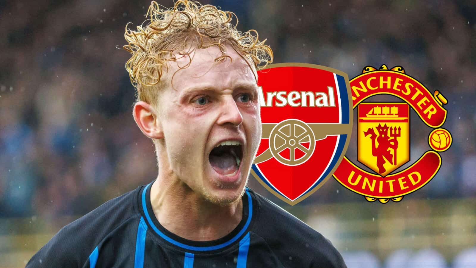 Joaquin Seys of Club Brugge, next to Arsenal and Man Utd badges