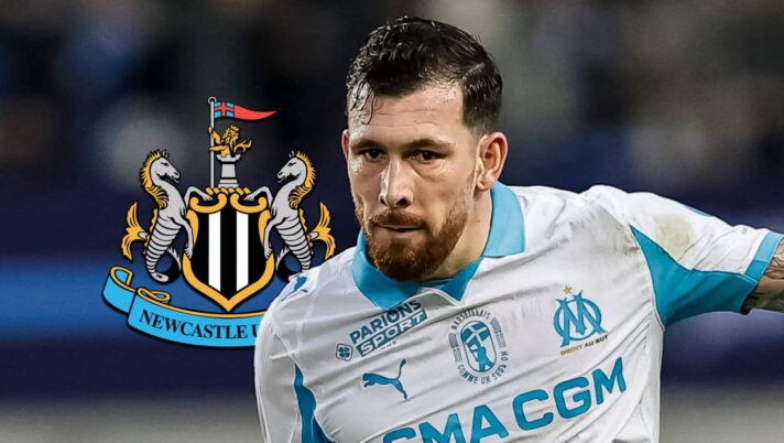 Pierre-Emile Hojbjerg with a Newcastle badge
