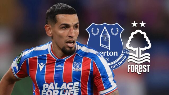 Daniel Munoz with Everton and Nottingham Forest badges