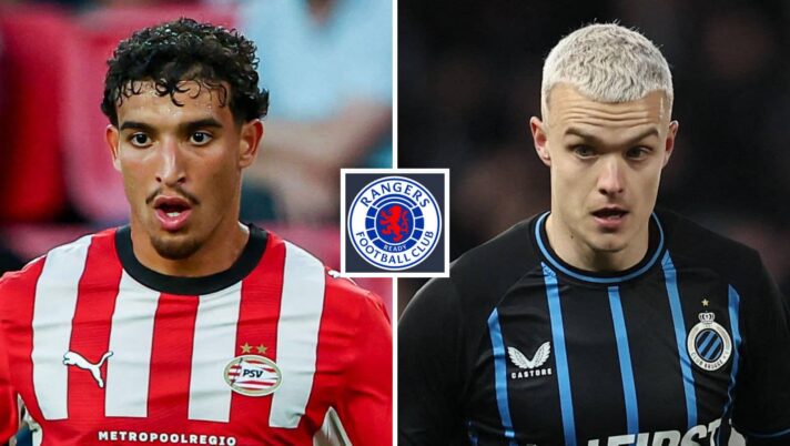 Couhaib Driouech and Hugo Siquet with a Rangers badge