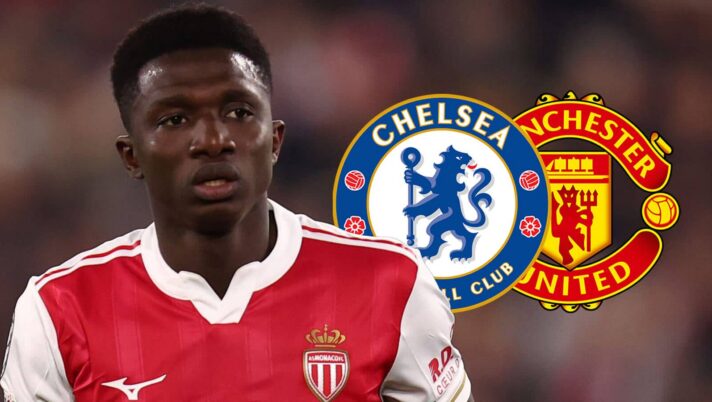 Lamine Camara with Chelsea, Man Utd badges