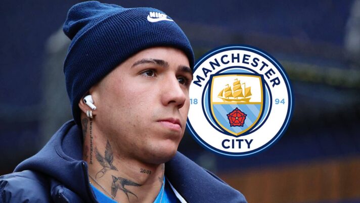 Chelsea star Enzo Fernandez with a Man City badge