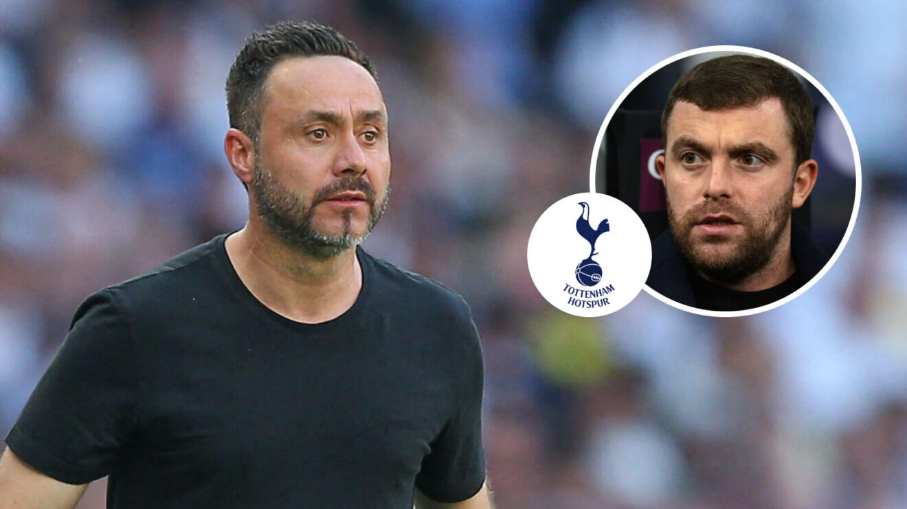 Tottenham boss Roberto De Zerbi, Tottenham badge and Fabrizio Romano - copyright TEAMtalk