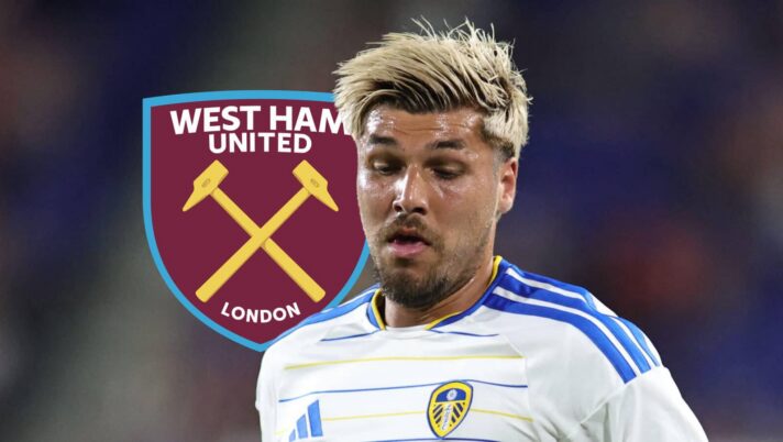 Leeds star Joel Piroe and a West Ham badge