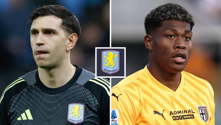 Emiliano Martinez and Zion Suzuki either side of the Aston Villa badge