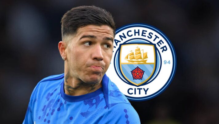 Chelsea star Enzo Fernandez next to the Manchester City badge