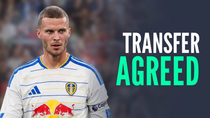 Borussia Monchengladbach's Nico Elvedi with a Leeds shirt Photoshopped on him and the words 'transfer agreed'