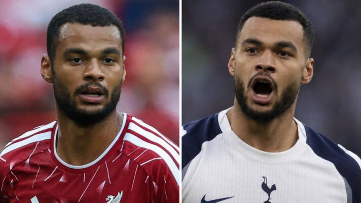 Liverpool star Cody Gakpo and the same player with a Tottenham Hotspur kit Photoshopped on him