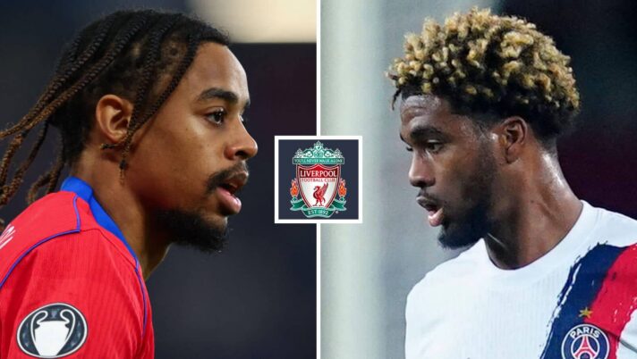 Bradley Barcola and Ibrahim Mbaye either side of the Liverpool badge
