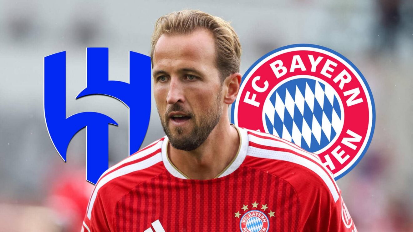 Bayern Munich striker Harry Kane next to the Al-Hilal and Bayern Munich badges