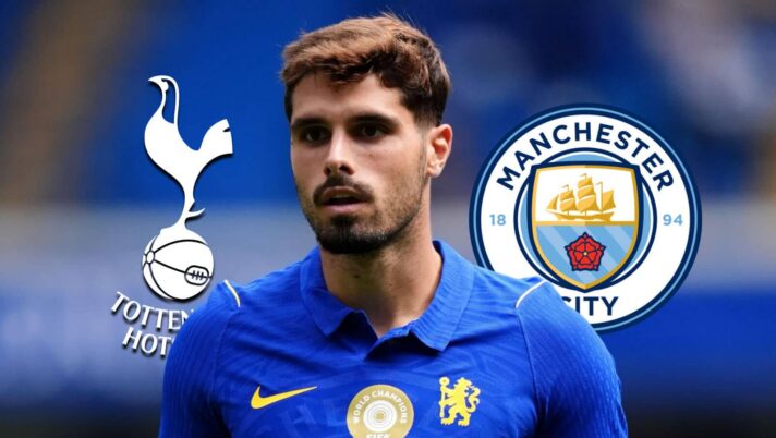 Pedro Neto next to the badges of Man City and Tottenham Hotspur