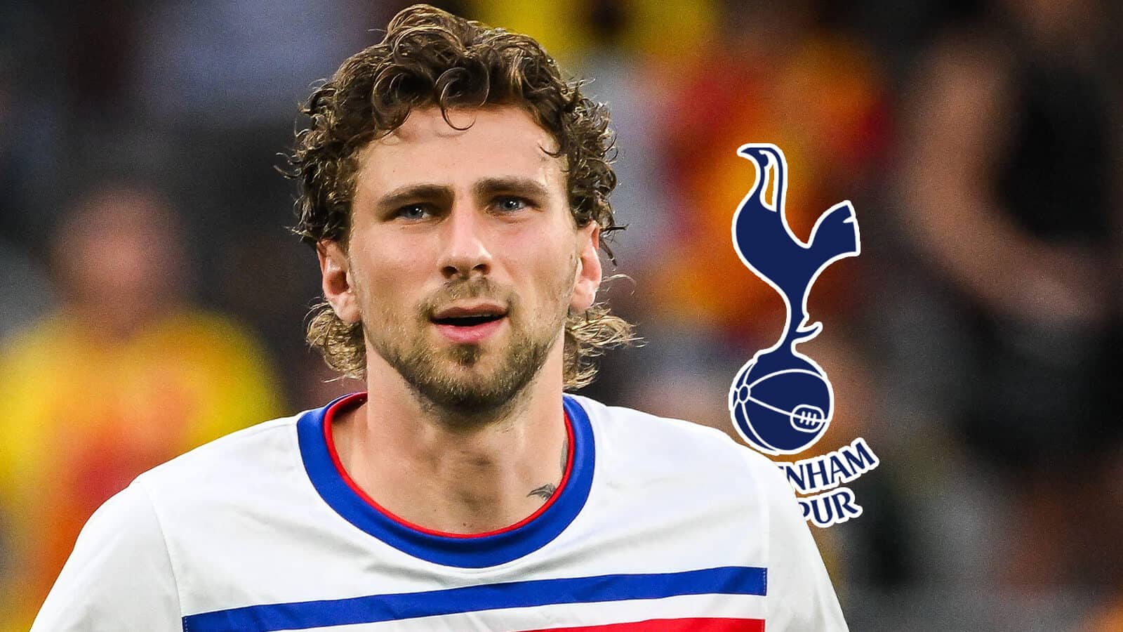 PSG defender Illia Zabarnyi next to the Tottenham Hotspur badge
