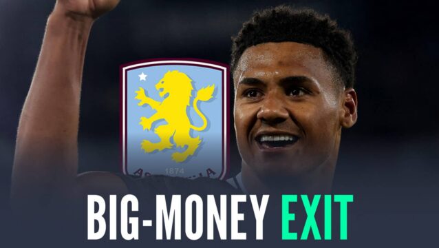Aston Villa striker Ollie Watkins next to the club badge and the words big-money exit