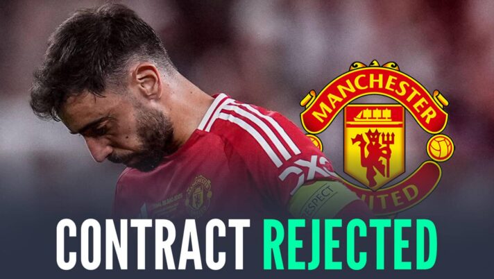 Bruno Fernandes next to the Manchester United badge and the words 'contract rejected'