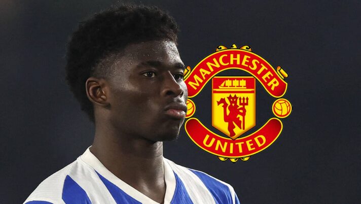 Brighton midfielder Carlos Baleba next to the Manchester United badge