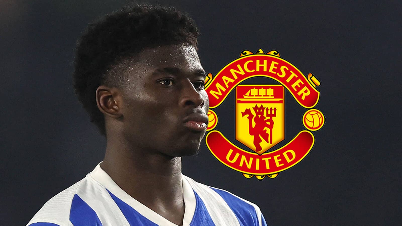 Brighton midfielder Carlos Baleba next to the Manchester United badge