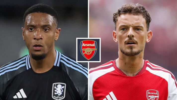 Ezri Konsa and Ben White with an Arsenal badge