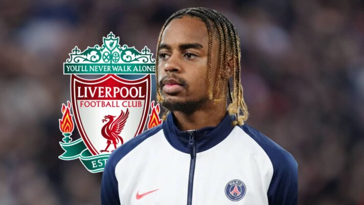 PSG star Bradley Barcola next to the Liverpool badge