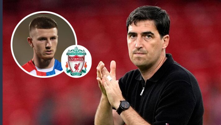 Andoni Iraola, Adam Wharton with Liverpool badge