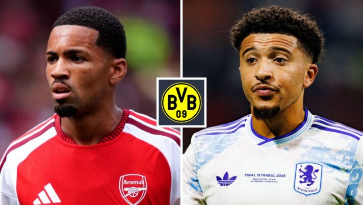Ethan Nwaneri and Jadon Sancho with a Borussia Dortmund badge