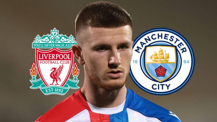 Crystal Palace midfielder Adam Wharton, Liverpool and Man City badges