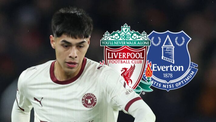 Dario Osorio with Liverpool and Everton badges