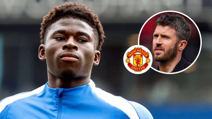 Brighton's Carlos Baleba next to, inset, Michael Carrick and the Manchester United badge