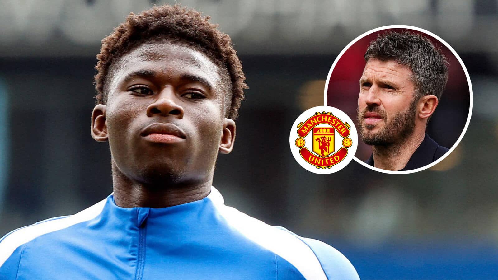 Brighton's Carlos Baleba next to, inset, Michael Carrick and the Manchester United badge