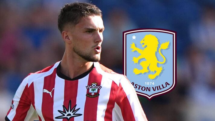 Southampton defender Taylor Harwood-Bellis next to the Aston Villa badge