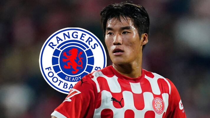 Girona winger Kim Min-Su next to the Rangers badge
