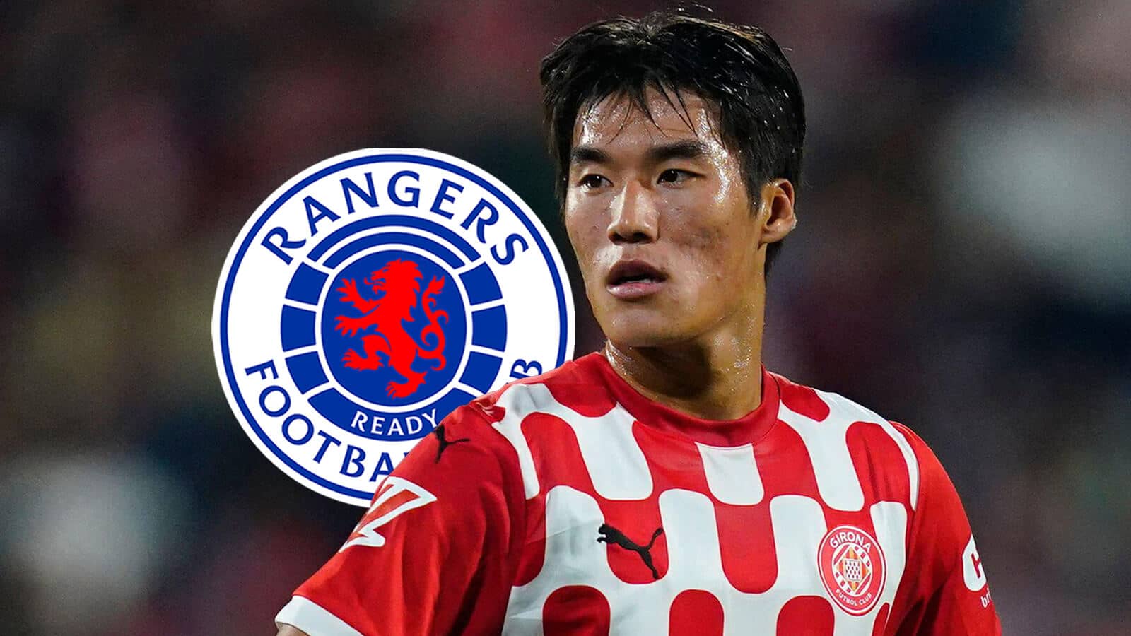 Girona winger Kim Min-Su next to the Rangers badge