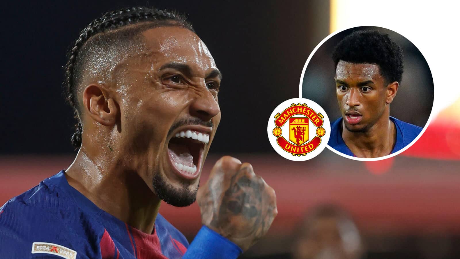 Barcelona stars Raphinha and Alejandro Balde, Man Utd badge