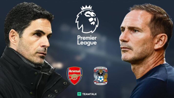 Arsenal boss Mikel Arteta and Coventry boss Frank Lampard next to their club badges, the Premier League logo and the TEAMtalk badge