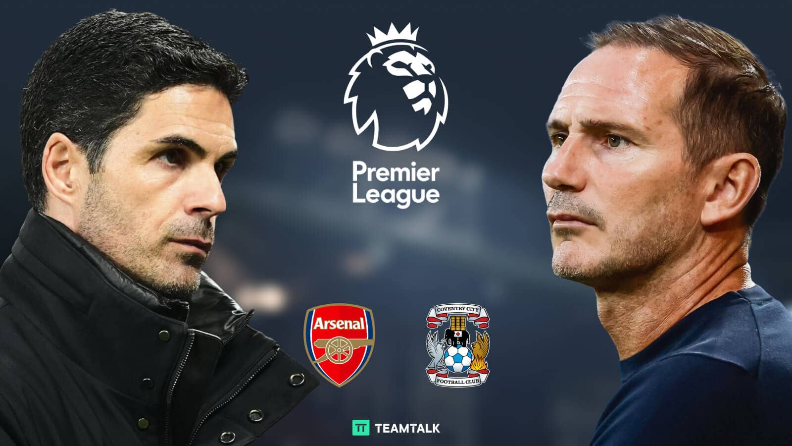 Arsenal boss Mikel Arteta and Coventry boss Frank Lampard next to their club badges, the Premier League logo and the TEAMtalk badge
