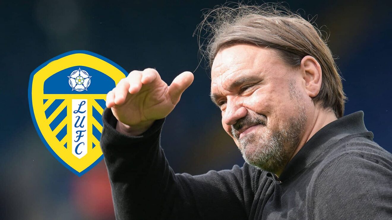 Leeds United manager Daniel Farke next to the club badge