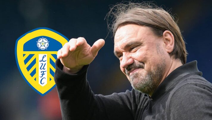 Leeds United manager Daniel Farke next to the club badge