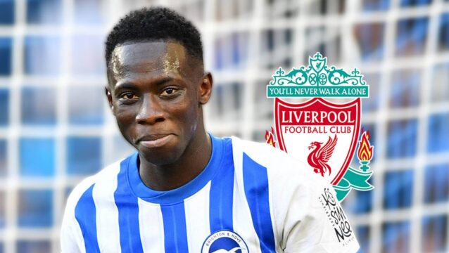 Brighton winger Yankuba Minteh next to the Liverpool badge