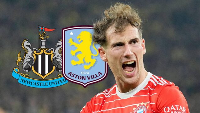 Former Bayern Munich star Leon Goretzka next to the badges of Aston Villa and Newcastle United