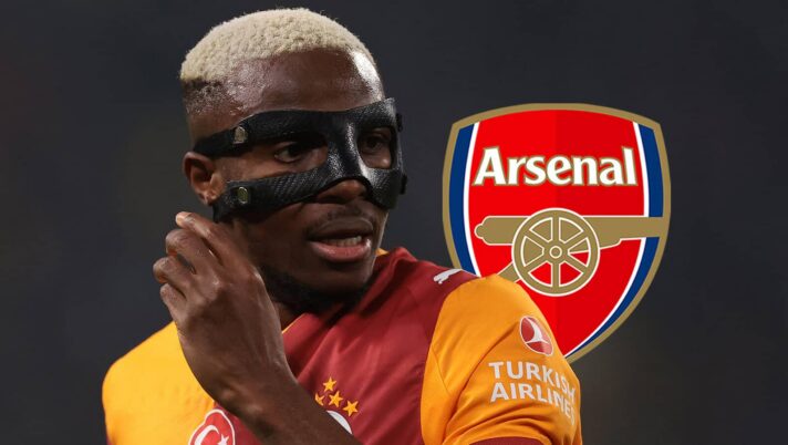 Galatasaray striker Victor Osimhen next to the Arsenal badge