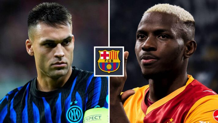Inter Milan striker Lautaro Martinez and Victor Osimhen of Galatasaray either side of the Barcelona badge