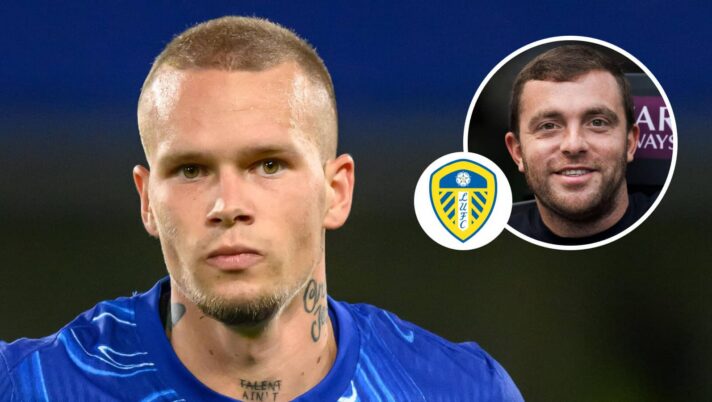 Chelsea star Mykhailo Mudryk and, inset, Fabrizio Romano next to the Leeds United badge