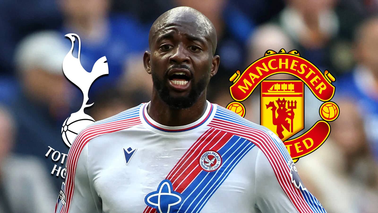 Crystal Palace striker Jean-Philippe Mateta next to the Tottenham Hotspur and Manchester United badges