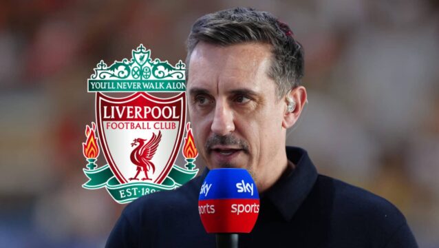 Sky Sports pundit Gary Neville next to the Liverpool badge